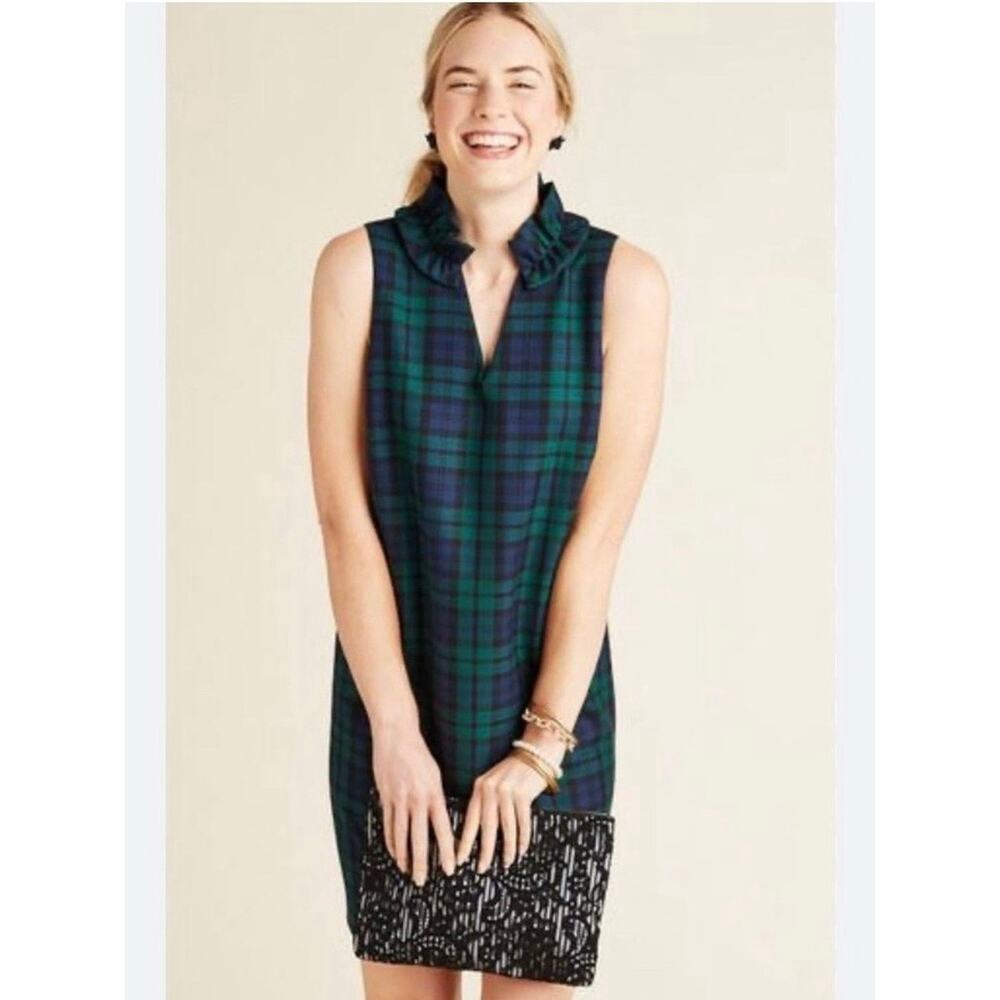 Vineyard Vines Blackwatch Plaid Meredith Ruffle Neck Shift Dress Sz.2 NWT - Picture 3 of 16